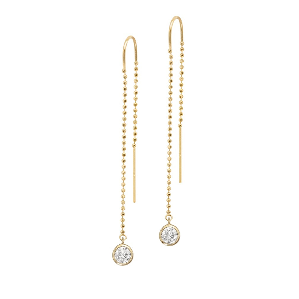 14K Yellow Gold Natural Diamond Bezel Ball Chain Threader Earrings