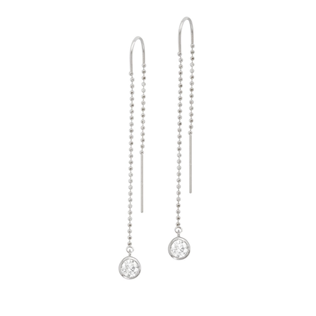 Sterling Silver Natural Diamond Bezel Ball Chain Threader Earrings