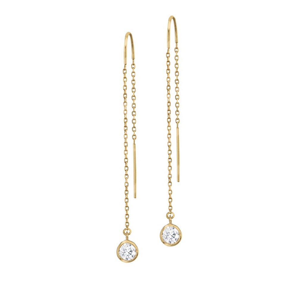 14K Yellow Gold Natural Diamond Bezel Cable Chain Threader Earrings