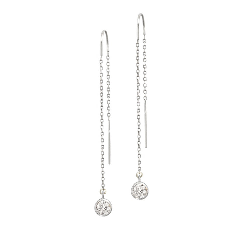 14K White Gold Diamond Bezel Cable Chain Threader Earrings