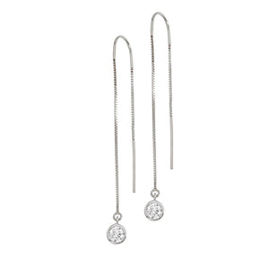 14K White Gold Natural Diamond Bezel Box Chain Threader Earrings
