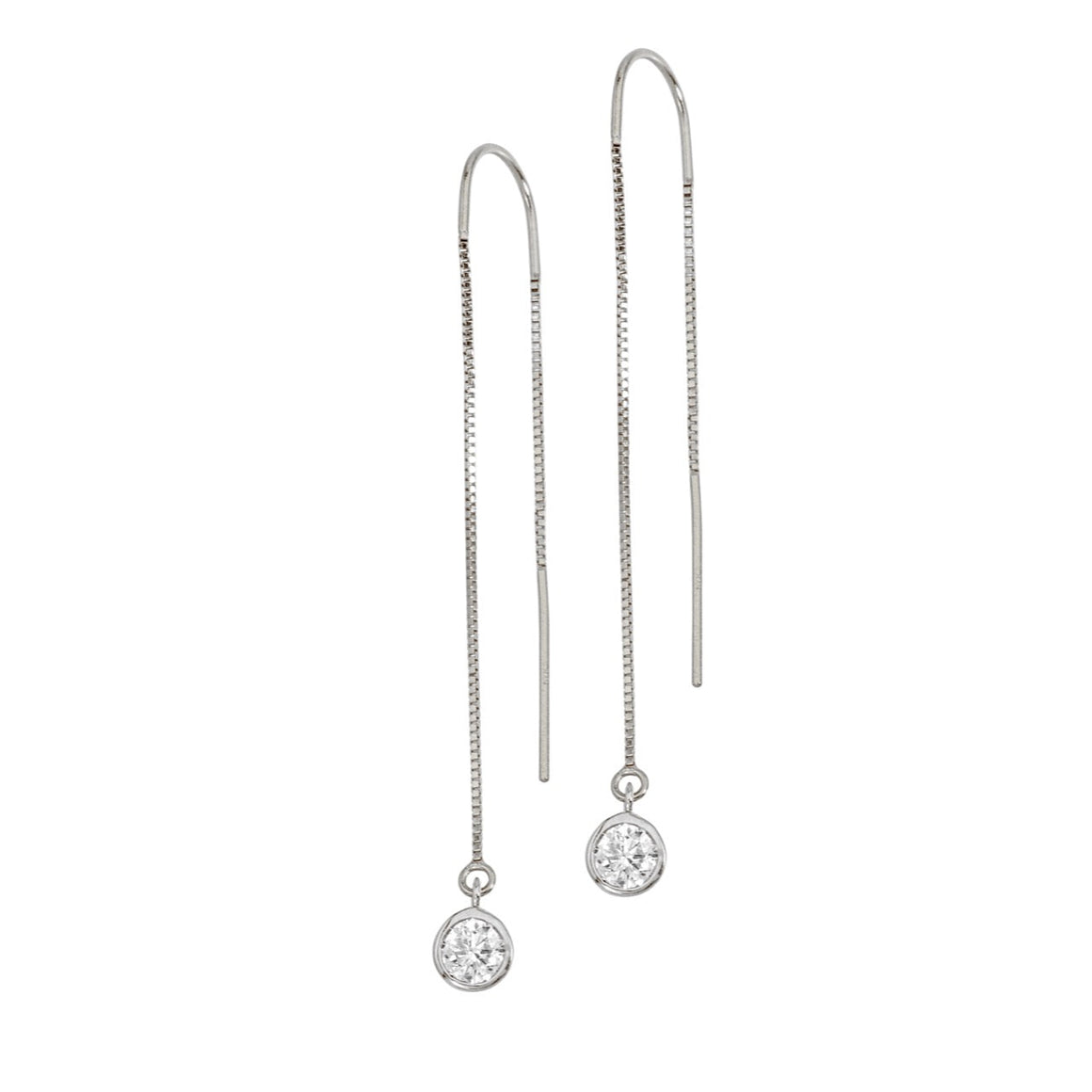 Sterling Silver Natural Diamond Bezel Box Chain Threader Earrings